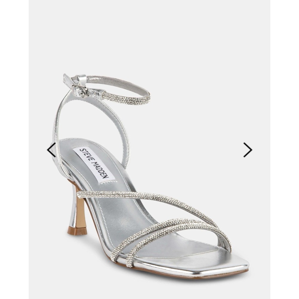 Steve Madden "Meggie" Silver Crystal Rhinestone Heeled Sandal Ankle Strap Sz 8